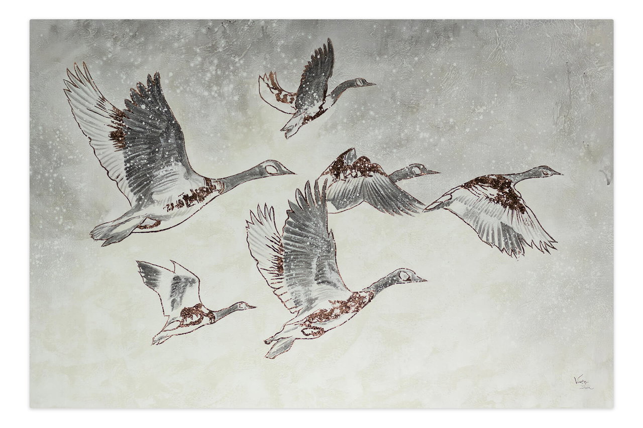 XXL Olieverf schilderijen 'Geese in Flight' | Handgeschilderd unicum komt in de ruimte goed tot zijn recht.