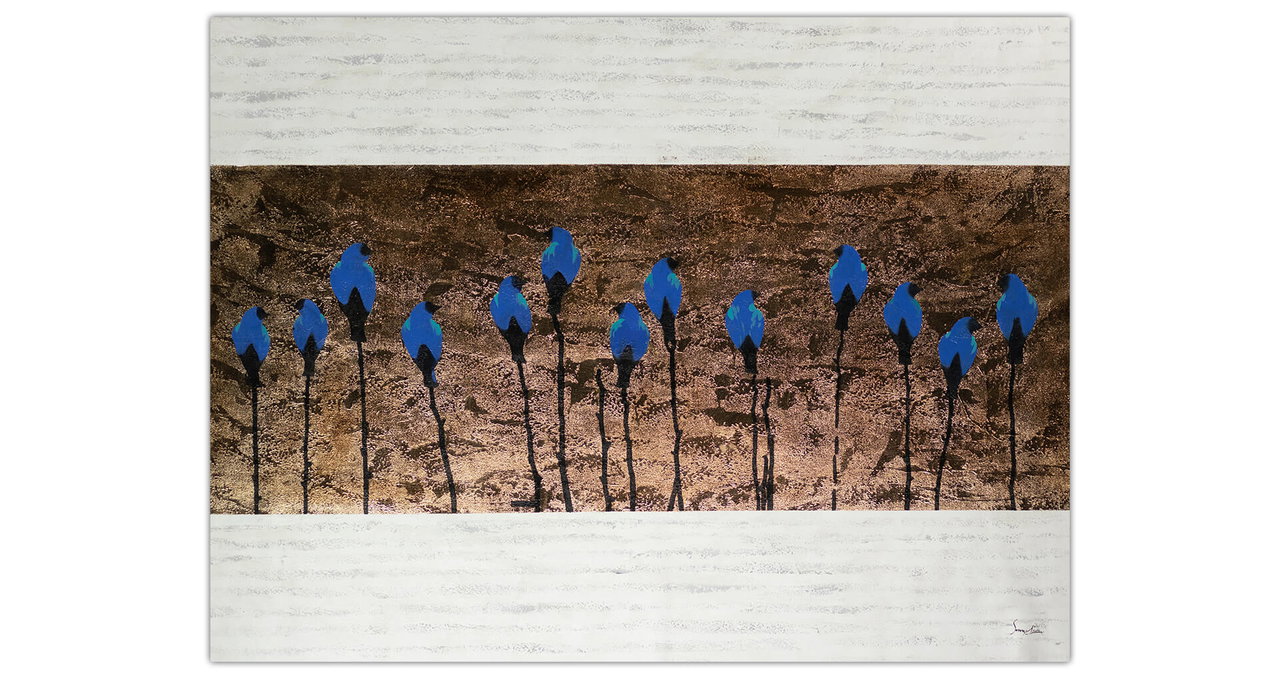 XXL Olieverf schilderijen 'Parade of Birds' | Handgeschilderd unicum in de ruimte.