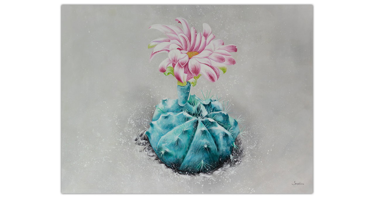 XXL Olieverf schilderijen 'Flowercactus' | Handgeschilderd unicum komt in de ruimte goed tot zijn recht.