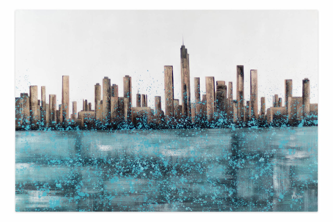 XXL Olieverf schilderijen 'Aquatic City' | Handgeschilderd unicum komt in de ruimte goed tot zijn recht.
