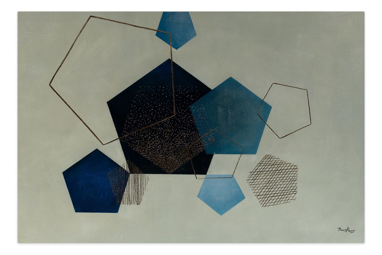 Olieverf schilderijen 'Realm of the Pentagons' | Handgeschilderd unicum 180x120cm komt in de ruimte goed tot zijn recht.