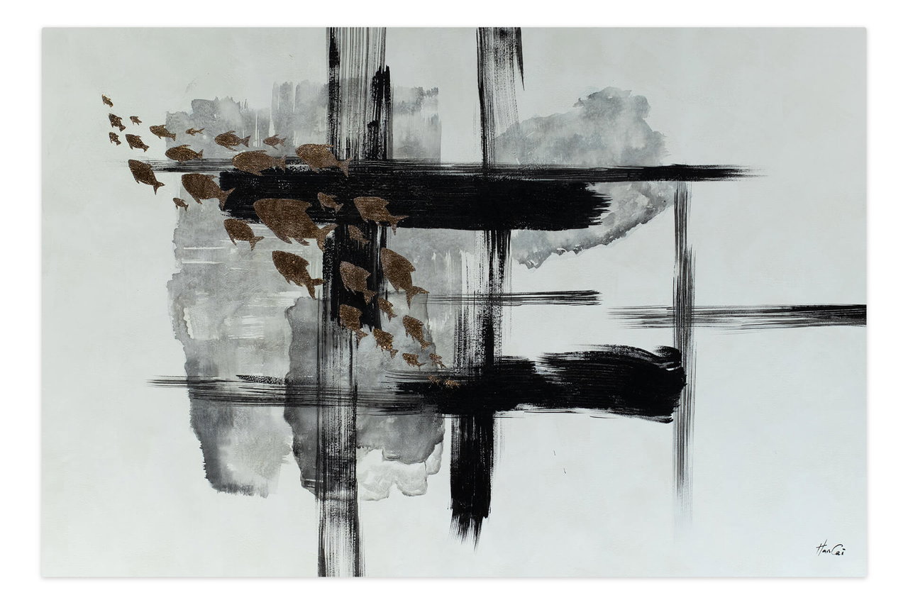Olieverf schilderijen 'Hieroglyphical Motif' | Handgeschilderd unicum 180x120cm komt in de ruimte goed tot zijn recht.