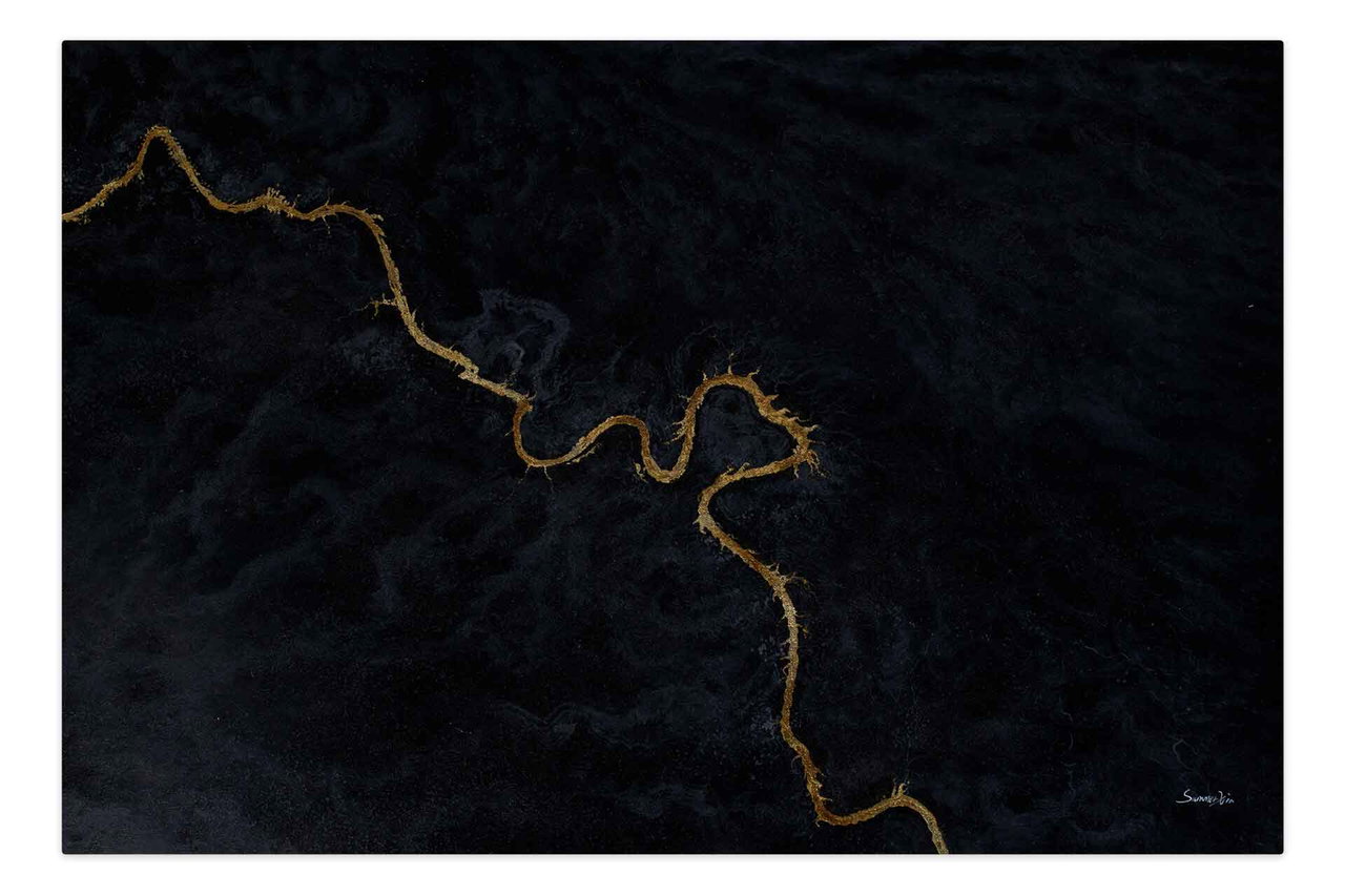 Olieverf schilderijen 'Golden Divination' | Handgeschilderd unicum 180x120cm komt in de ruimte goed tot zijn recht.