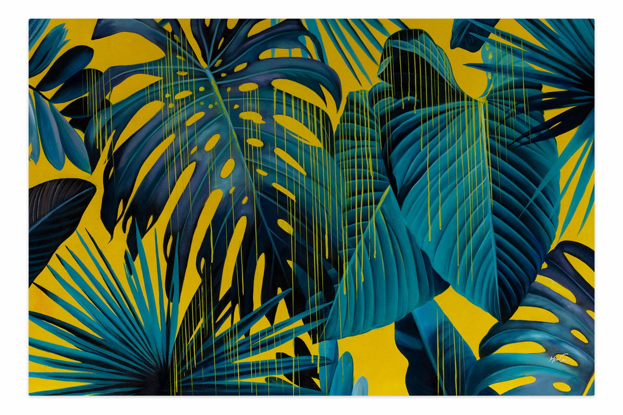 Olieverf schilderijen 'Summer in the Jungle' | Handgeschilderd unicum 180x120cm komt in de ruimte goed tot zijn recht.