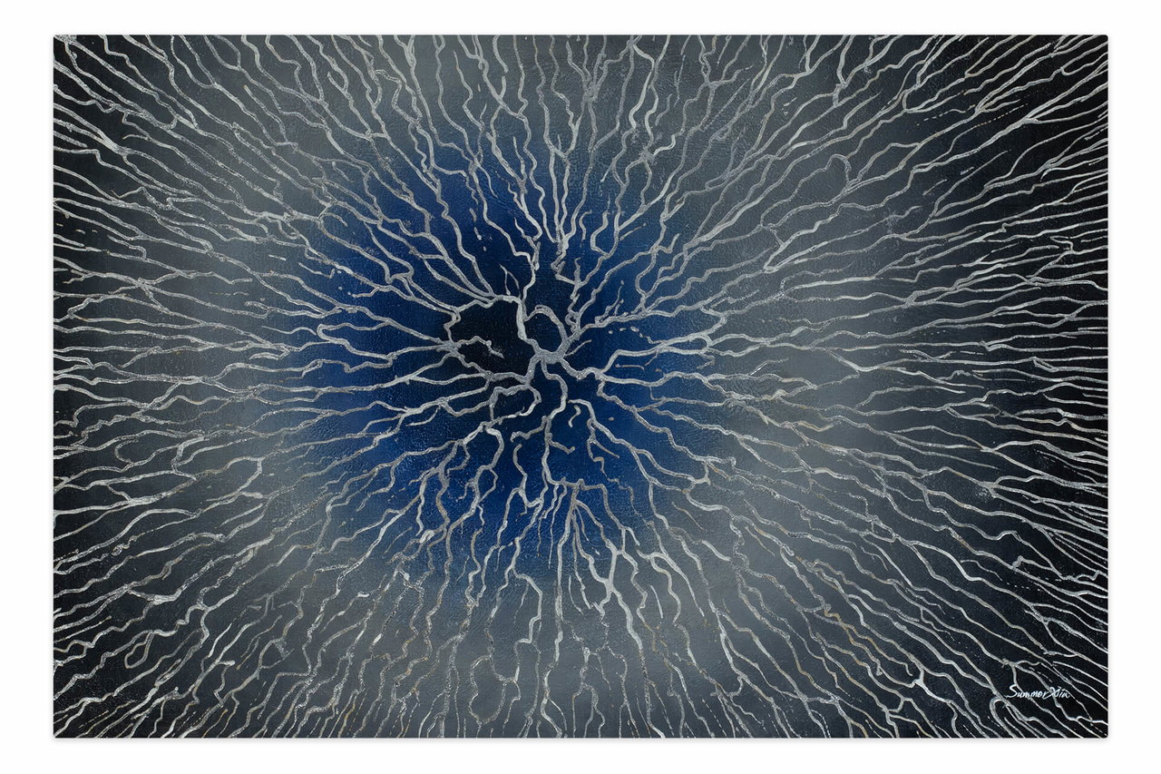 Olieverf schilderijen 'Hypnotising Lightning' | Handgeschilderd unicum 180x120cm komt in de ruimte goed tot zijn recht.
