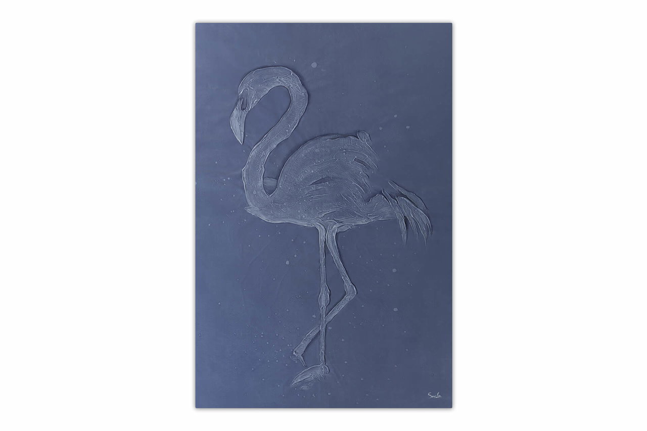 XXL Olieverf schilderijen 'Flamingo in Lilac' | Handgeschilderd unicum komt in de ruimte goed tot zijn recht.