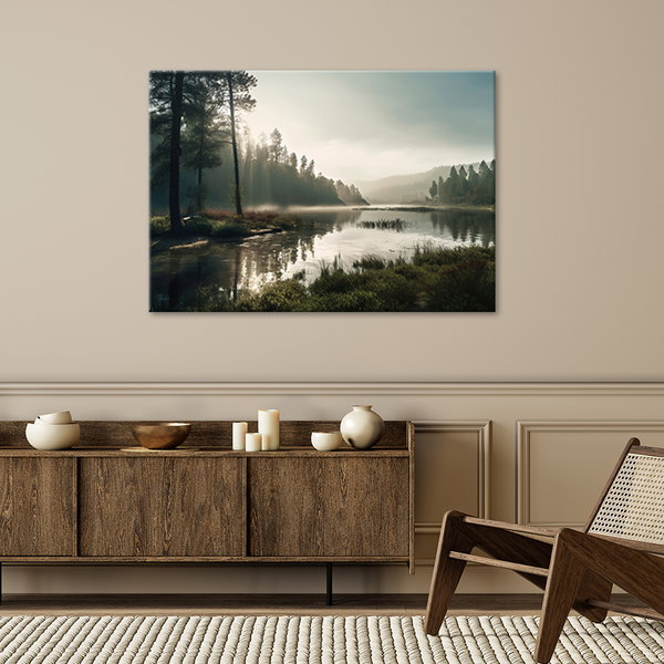 Kunstdruck auf Leinwand 'Misty Morning by the Lake'