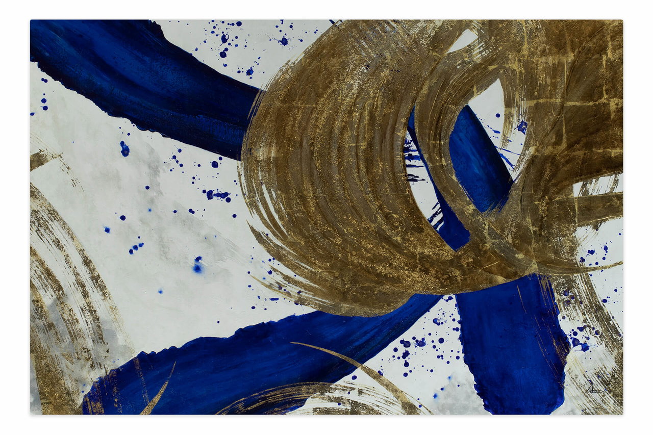 Olieverf schilderijen 'Gold in Indigo' | Handgeschilderd unicum 180x120cm in de ruimte.