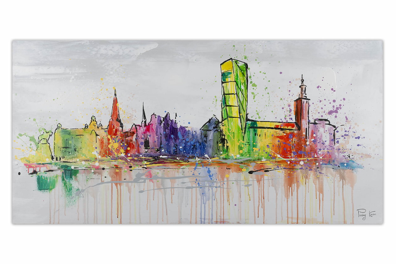 Handgeschilderd schilderij 'Stockholm Skyline Silhouette' 120x60cm | incl. certificaat van echtheid komt in de ruimte goed tot zijn recht.