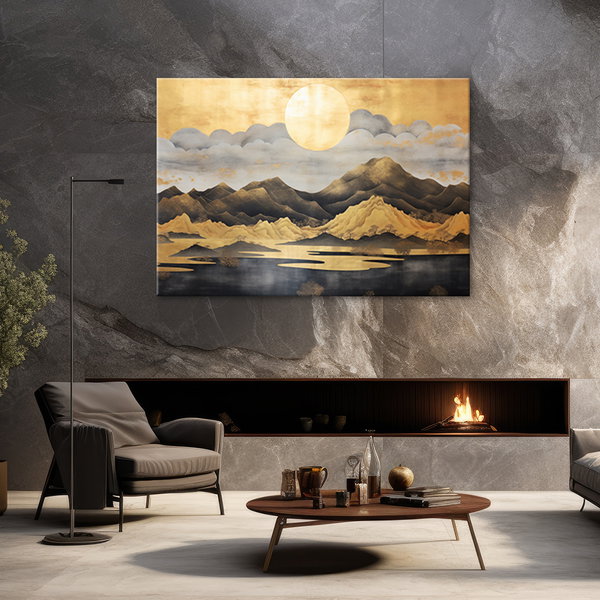 Kunstdruck auf Leinwand 'Golden Full Moon Mountain Landscape'