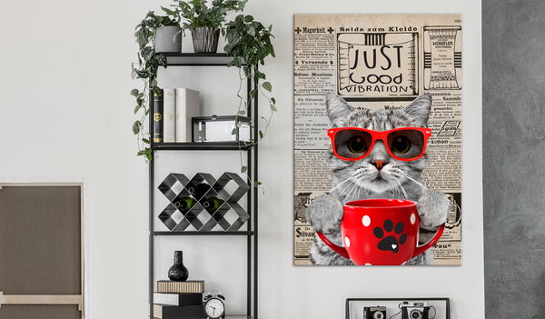 Kunstdruck auf Leinwand 'Cat With Coffee Vertical'