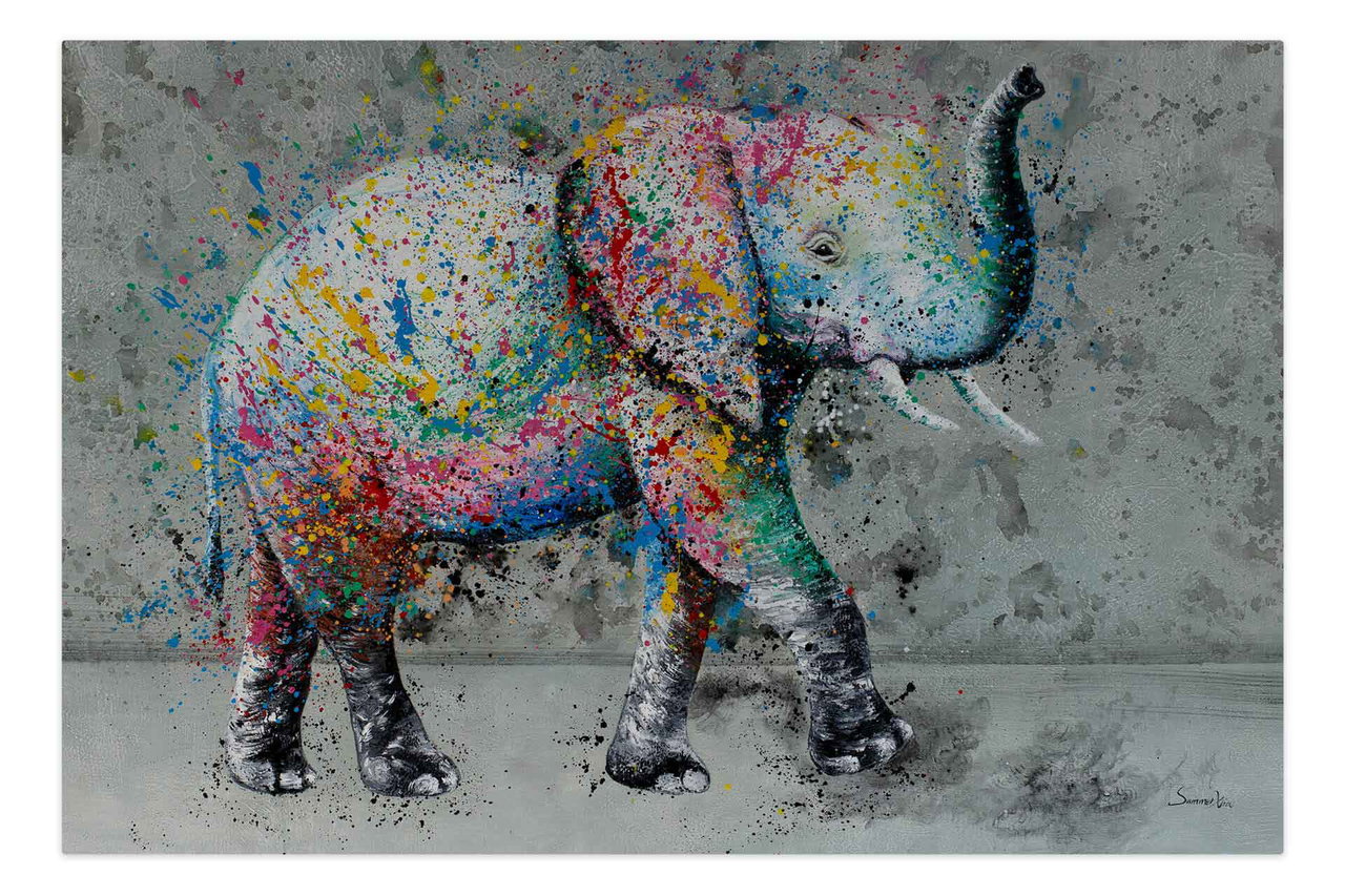 Olieverf schilderijen 'Colourful Pachyderm' | Handgeschilderd unicum 180x120cm in de ruimte.