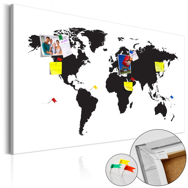 Schilderij op kurk 'World Map: Black &amp; White Elegance'