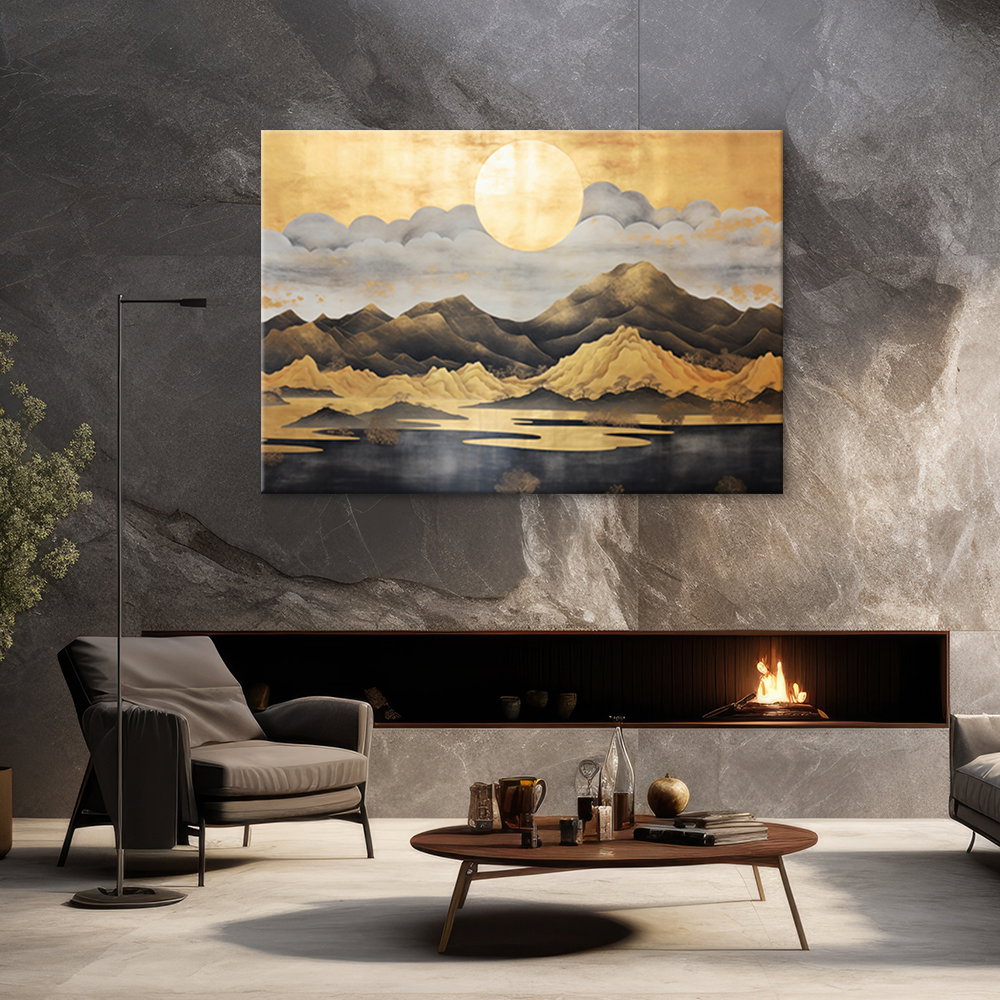 Canvas Poster 'Golden Full Moon Mountain Landscape'