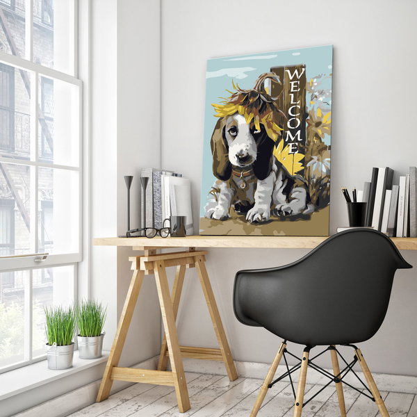 Malen nach Zahlen für Erwachsene 'Dog and Sunflowers'