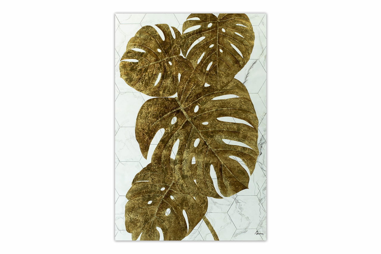 XXL Olieverf schilderijen 'Monstera on Marble' | Handgeschilderd unicum komt in de ruimte goed tot zijn recht.