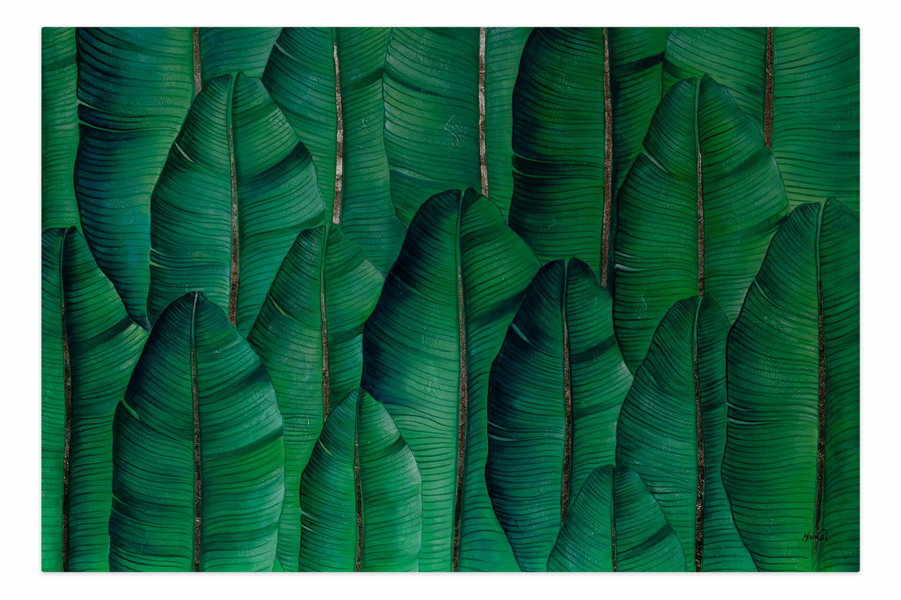 XXL Olieverf schilderijen 'Tropical Banana Leaves' | Handgeschilderd unicum komt in de ruimte goed tot zijn recht.