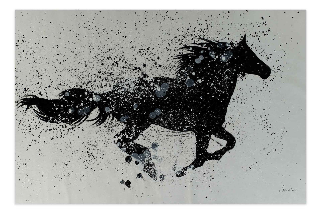 Olieverf schilderijen 'Black Horse' | Handgeschilderd unicum 180x120cm komt in de ruimte goed tot zijn recht.