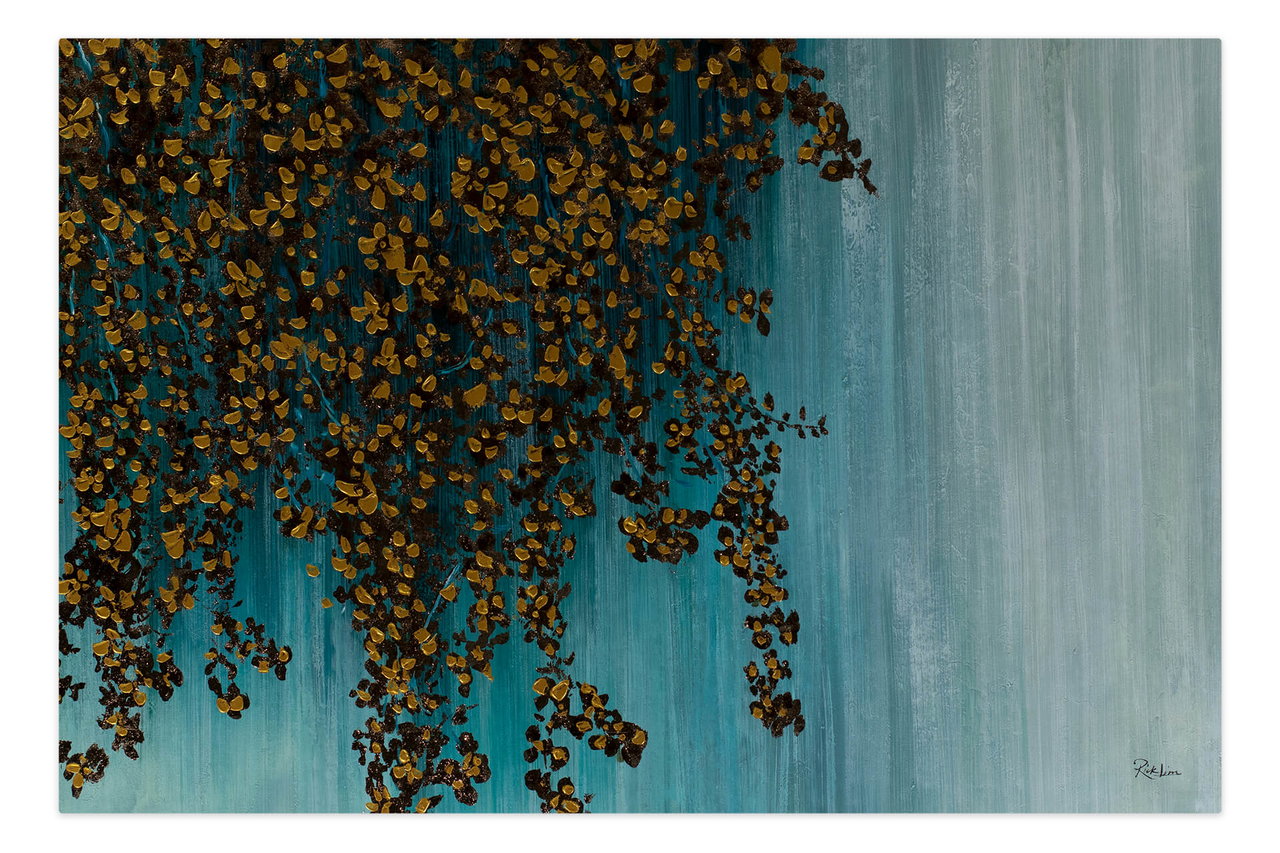 Olieverf schilderijen 'Golden Flower Rain' | Handgeschilderd unicum 180x120cm komt in de ruimte goed tot zijn recht.