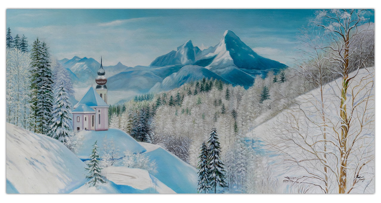 XXL Olieverf schilderijen 'Idyll in the Mountains' | Handgeschilderd unicum komt in de ruimte goed tot zijn recht.