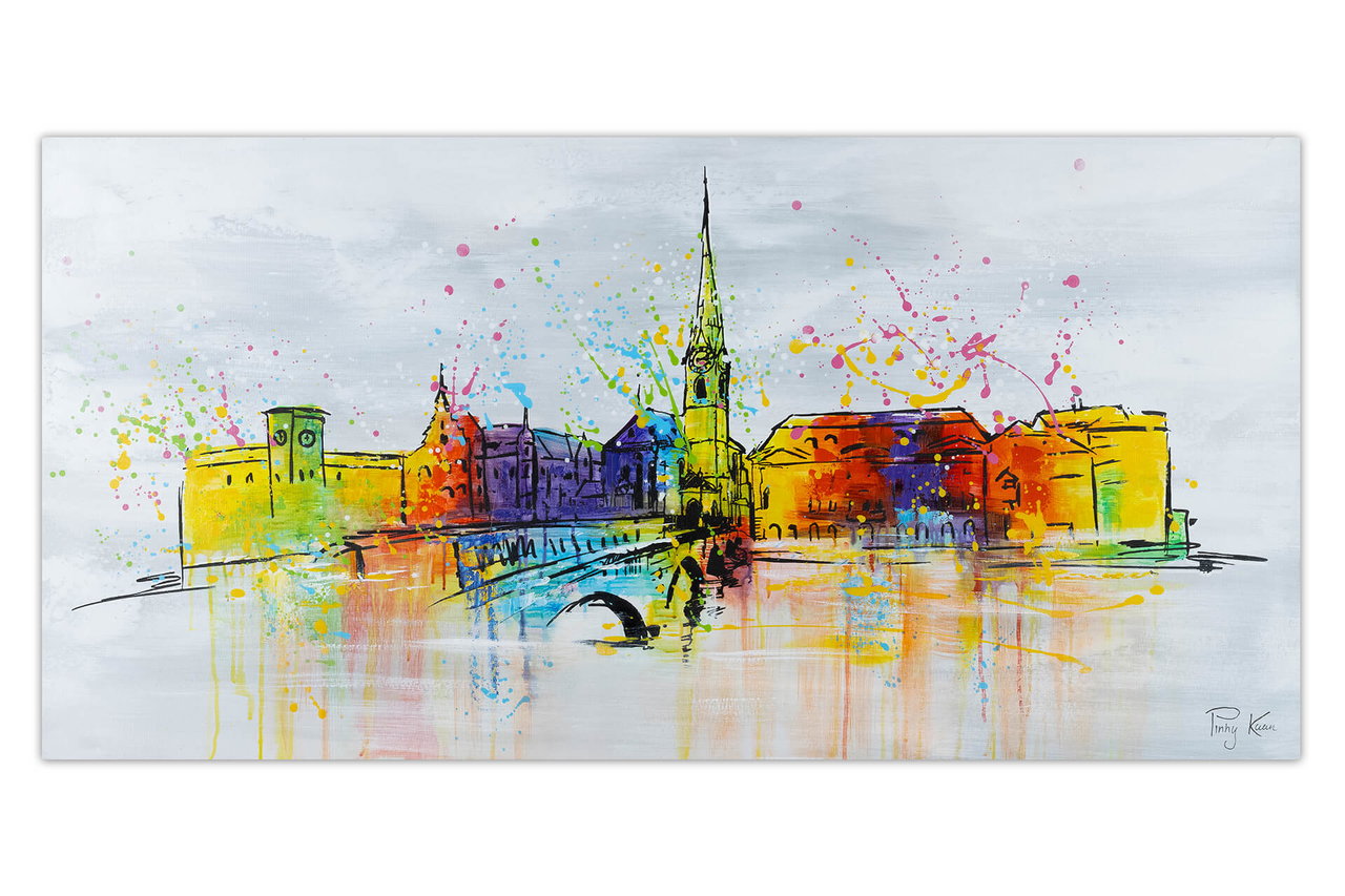 Handgeschilderd schilderij ' Zurich Skyline Silhouette' 120x60cm | incl. certificaat van echtheid komt in de ruimte goed tot zijn recht.