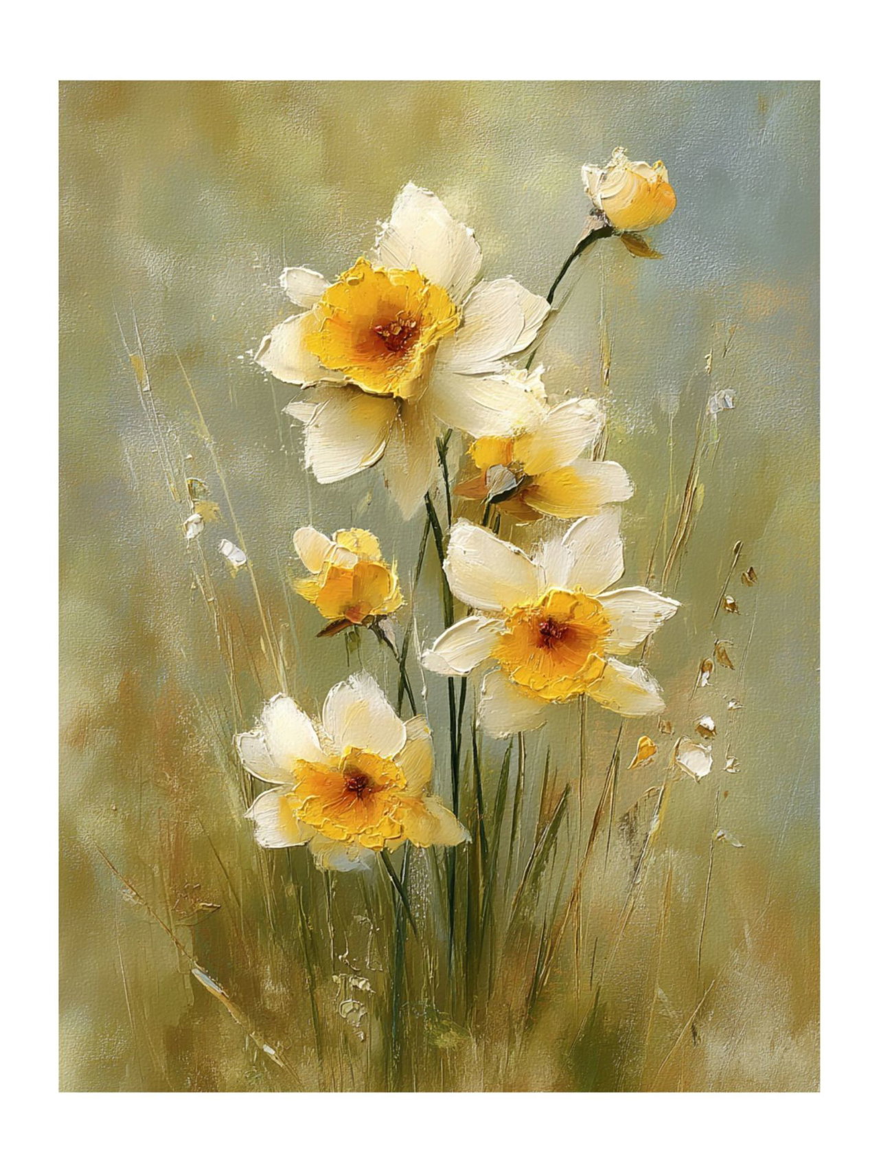 Handgeschilderd schilderij 'Zonnige narcissen' | incl. certificaat van echtheid komt in de ruimte goed tot zijn recht.