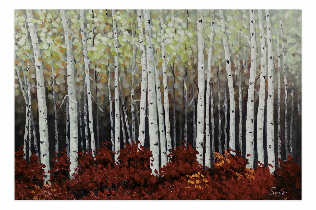 XXL Olieverf schilderijen 'Birch Grove' | Handgeschilderd unicum komt in de ruimte goed tot zijn recht.