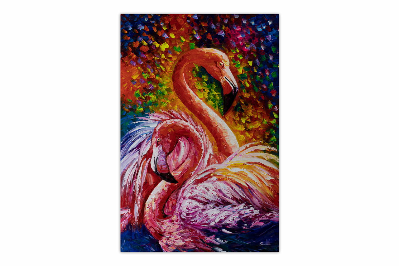XXL Olieverf schilderijen 'Flamingo Symphony' | Handgeschilderd unicum komt in de ruimte goed tot zijn recht.