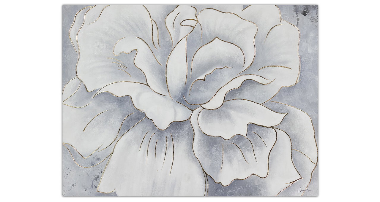 XXL Olieverf schilderijen 'White Snow Flower' | Handgeschilderd unicum komt in de ruimte goed tot zijn recht.
