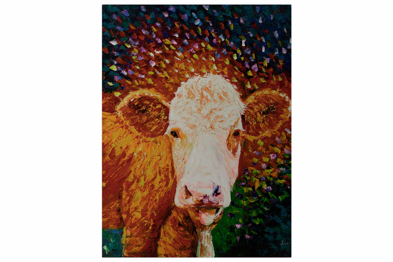 XXL Olieverf schilderijen 'Joyful Cow' | Handgeschilderd unicum in de ruimte.