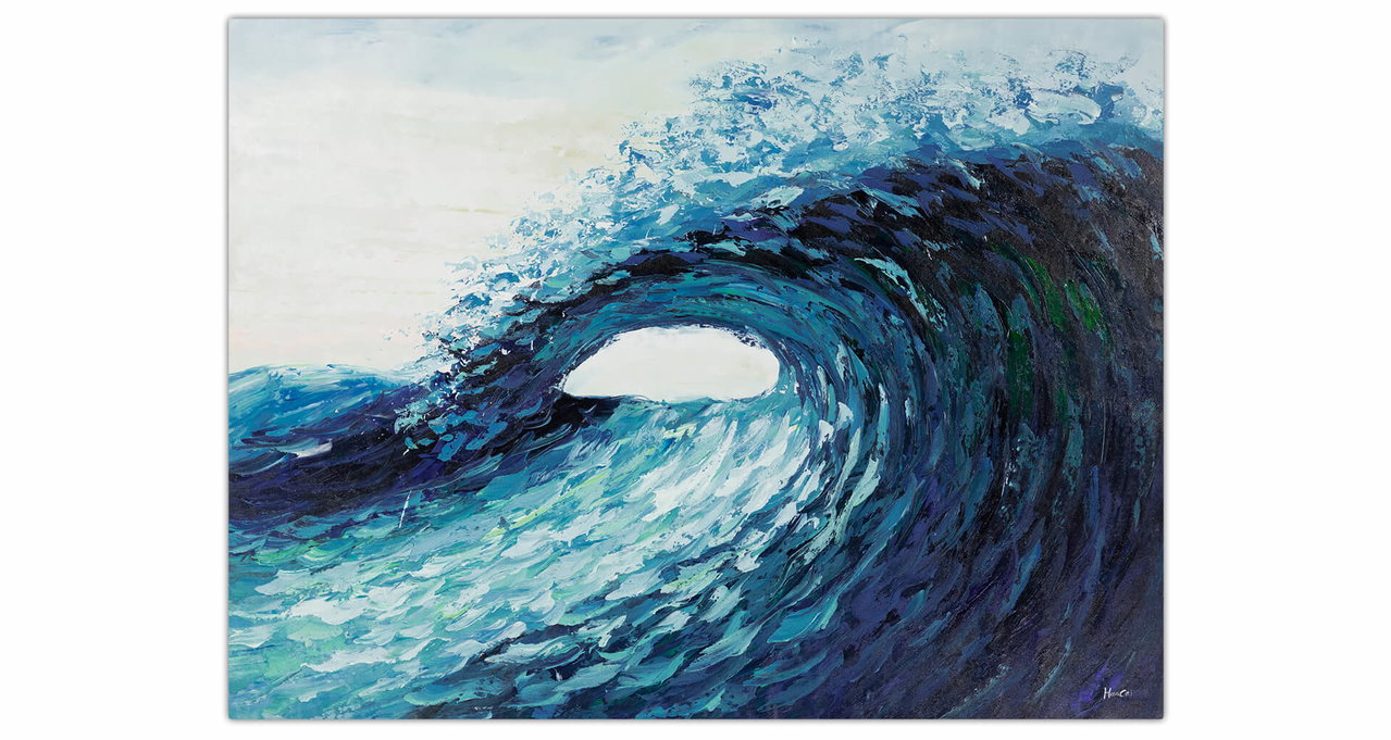 XXL Olieverf schilderijen 'Majestic Wave' | Handgeschilderd unicum komt in de ruimte goed tot zijn recht.