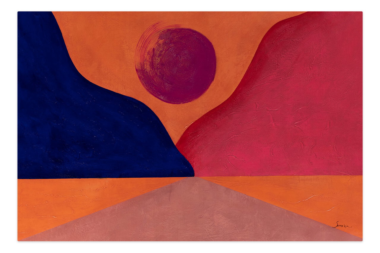 XXL Olieverf schilderijen 'Sunset in the Mountains' | Handgeschilderd unicum komt in de ruimte goed tot zijn recht.
