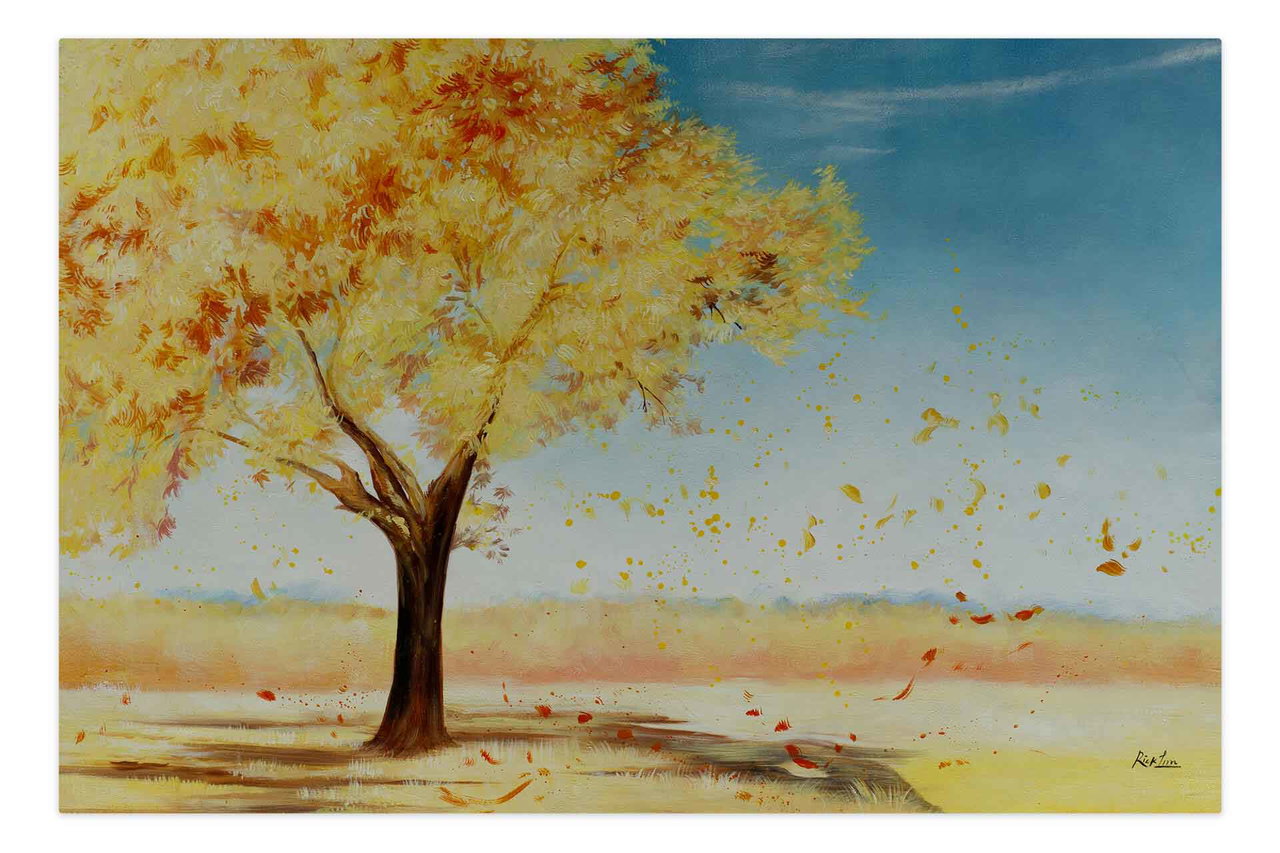 Olieverf schilderijen 'Autumn landscape' | Handgeschilderd unicum 180x120cm komt in de ruimte goed tot zijn recht.