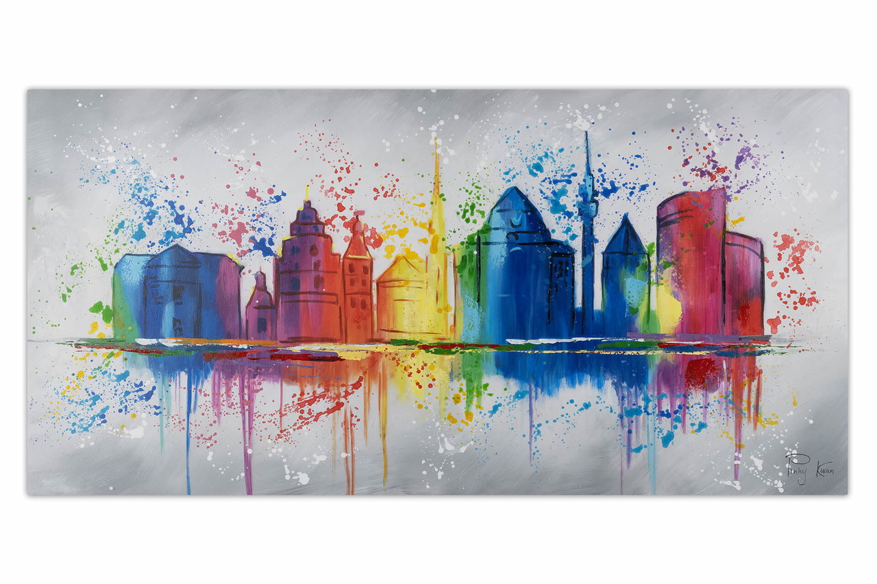 Handgeschilderd schilderij 'Dortmunder Skyline' 120x60cm | incl. certificaat van echtheid in de ruimte.