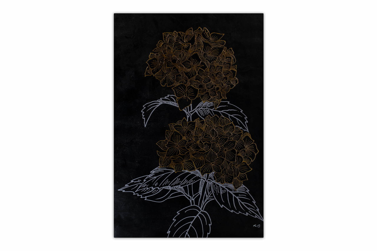 XXL Olieverf schilderijen 'Shining Hydrangea' | Handgeschilderd unicum komt in de ruimte goed tot zijn recht.