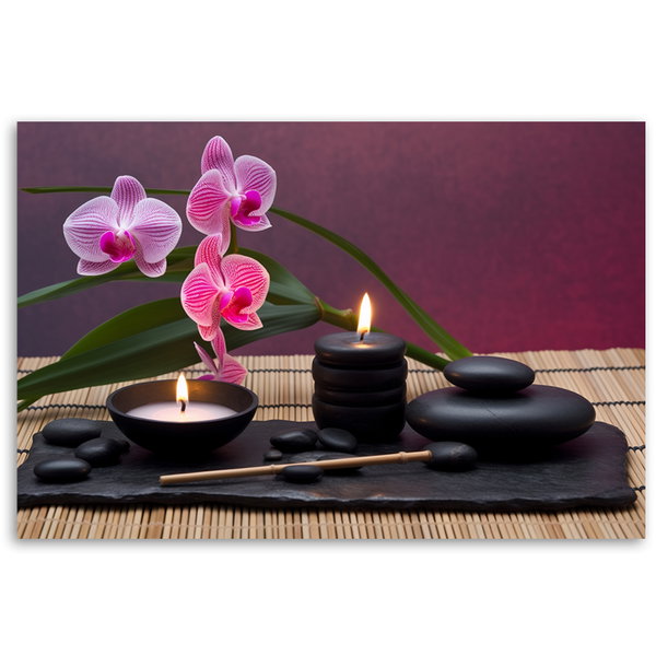 Kunstdruck auf Leinwand 'Spa Candles with Orchids and Stones'