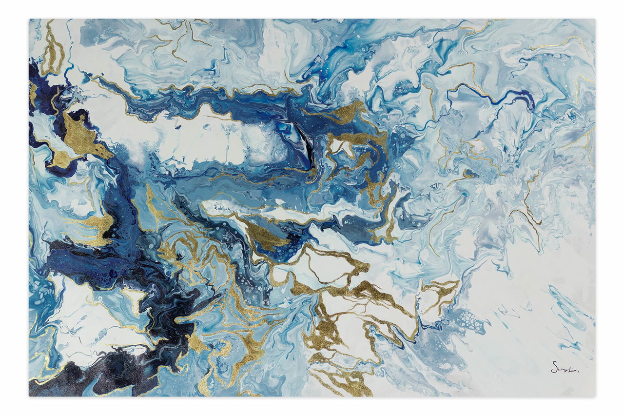 Schilderij 'Marble in Blue' | Handgeschilderd unicum 180x120cm komt in de ruimte goed tot zijn recht.