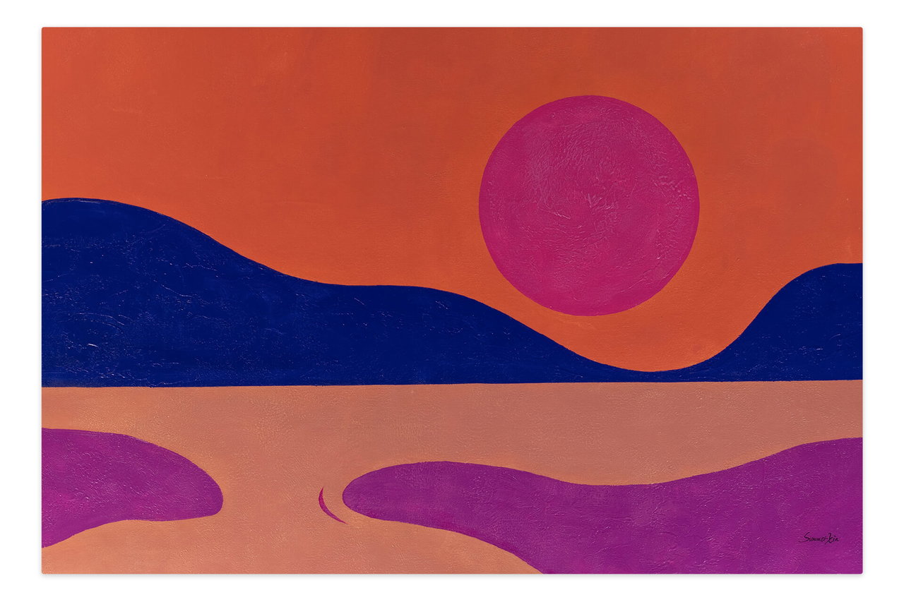 XXL Olieverf schilderijen 'The Sunset on the Lake' | Handgeschilderd unicum komt in de ruimte goed tot zijn recht.