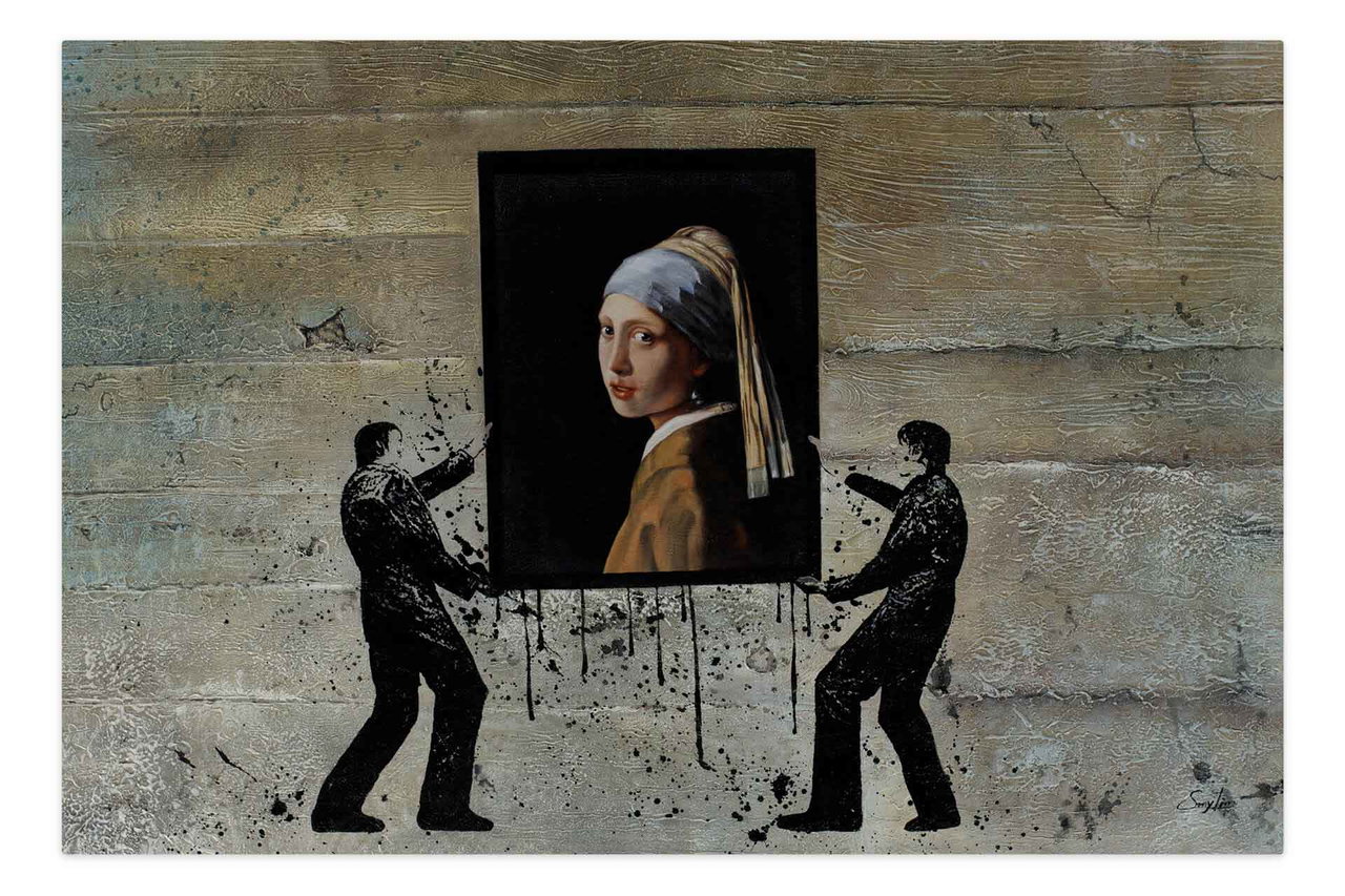 Olieverf schilderijen 'Vermeer's Street Art' | Handgeschilderd unicum 180x120cm in de ruimte.