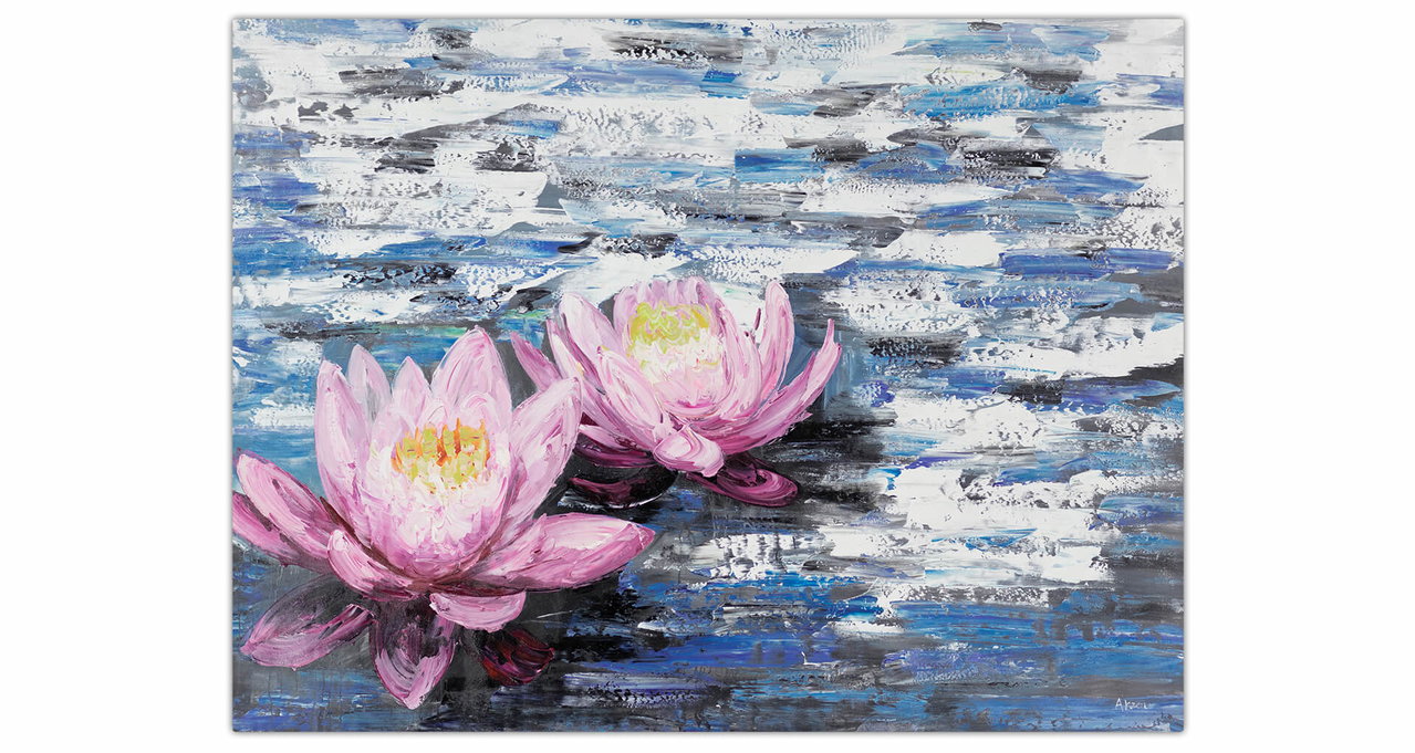 XXL Olieverf schilderijen 'Quiet Water Lily Dream' | Handgeschilderd unicum komt in de ruimte goed tot zijn recht.