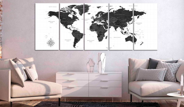 Kunstdruck auf Leinwand 'Black and White Map (5-teilig) Narrow'