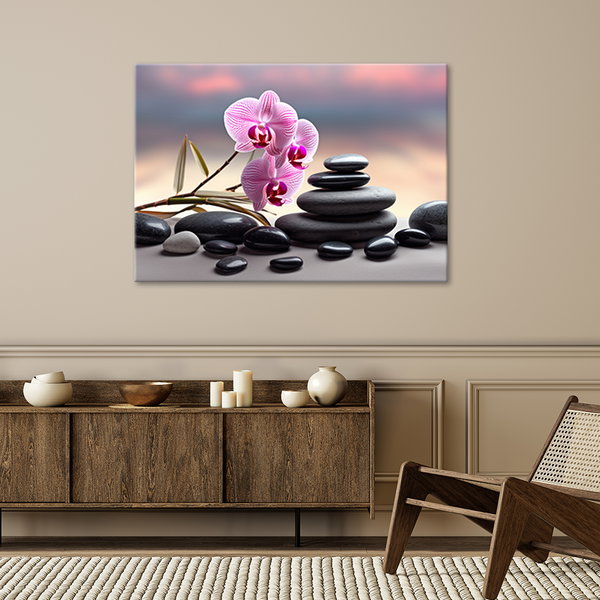 Kunstdruck auf Leinwand 'Zen Orchid with Balance Stones'