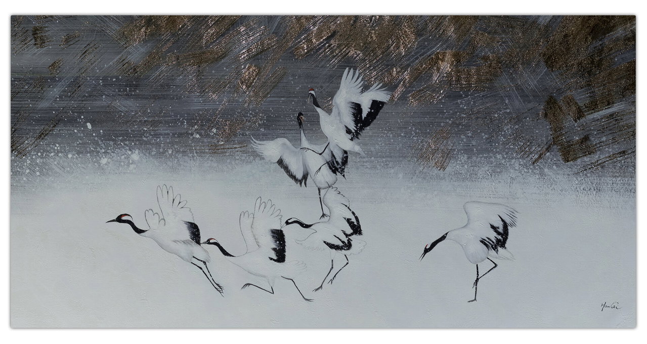 XXL Olieverf schilderijen 'Journey of the Cranes' | Handgeschilderd unicum komt in de ruimte goed tot zijn recht.