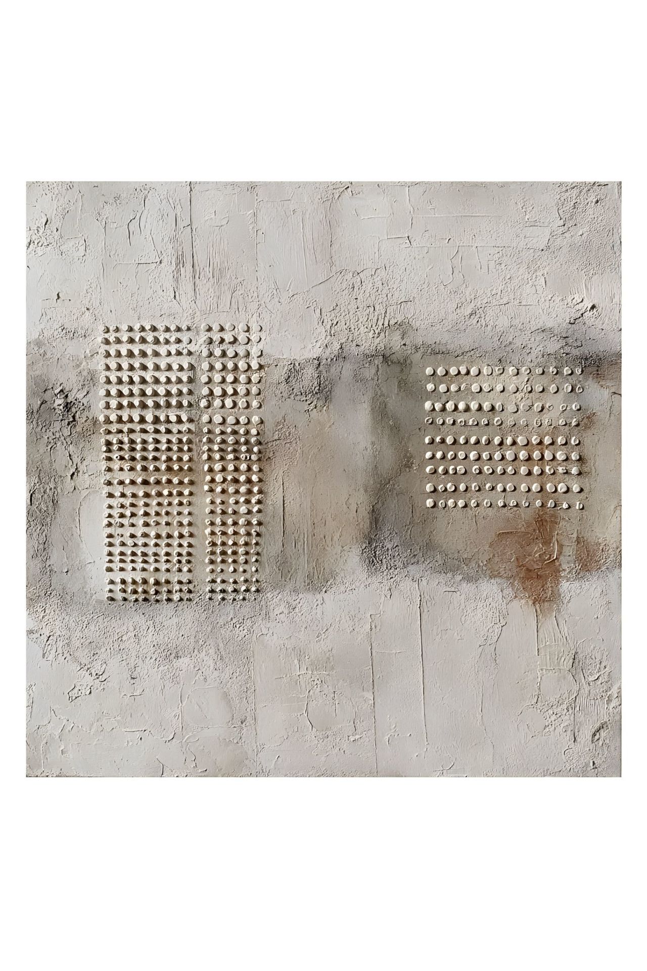 Handgeschilderd schilderij 'Wabi-Sabi Punt Raster' | incl. certificaat van echtheid komt in de ruimte goed tot zijn recht.