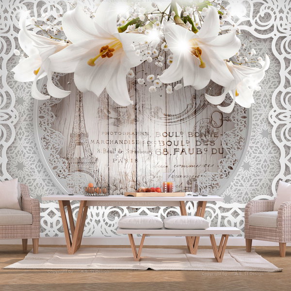 Self-adhesive wallpaper 'Lilies and Wooden Background'