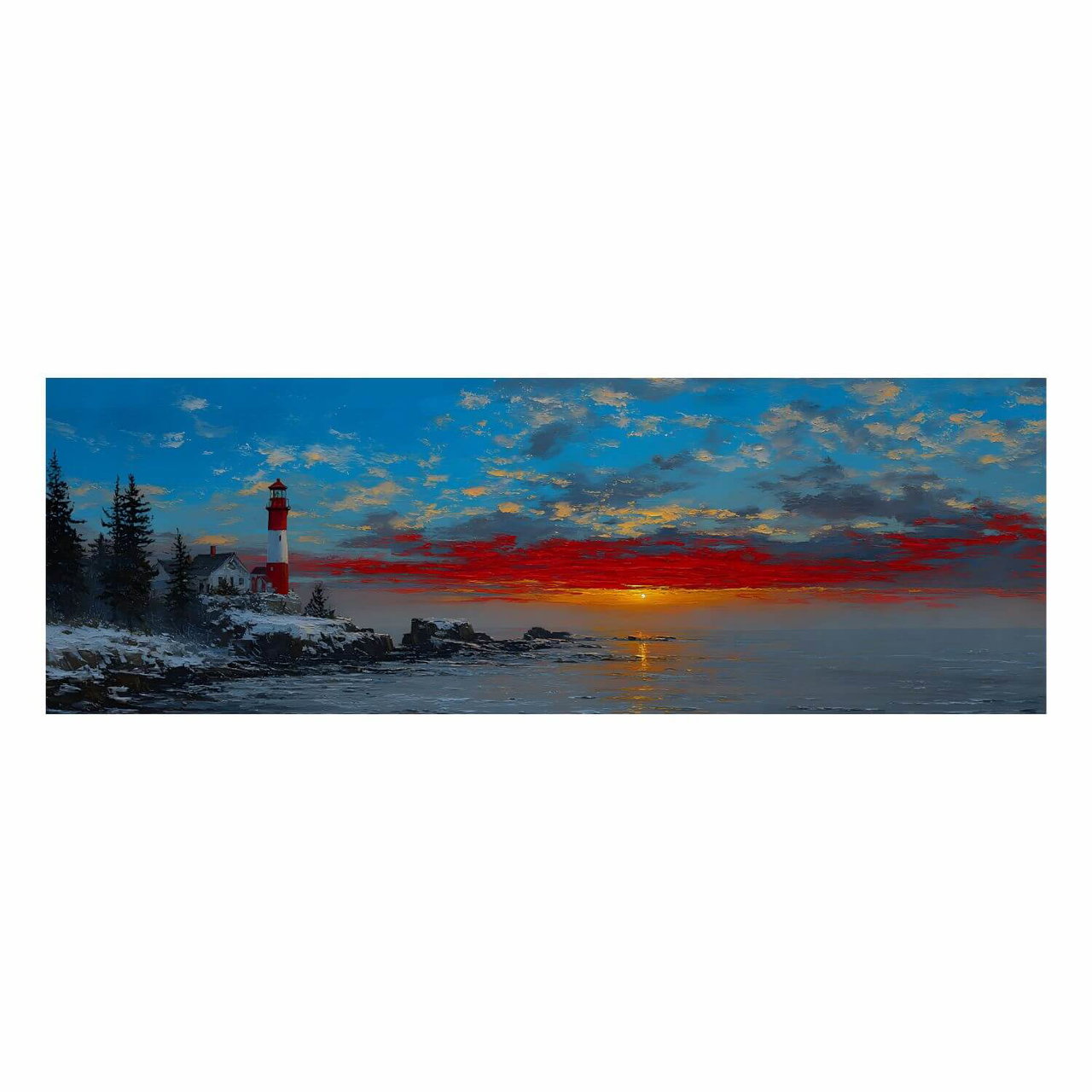 Handgeschilderd schilderij 'Vuurtoren bij zonsondergang' | incl. certificaat van echtheid komt in de ruimte goed tot zijn recht.