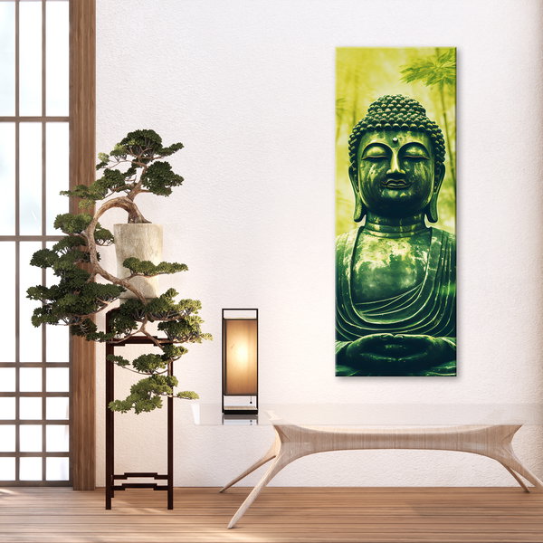 Kunstdruck auf Leinwand 'Green Buddha Statue in Serene Nature'
