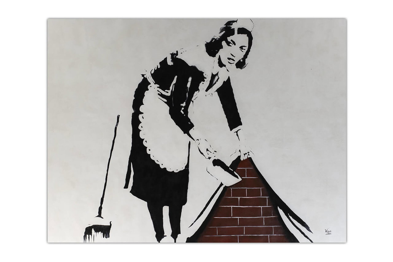 XXL Olieverf schilderijen 'Maid of Banksy' | Handgeschilderd unicum komt in de ruimte goed tot zijn recht.