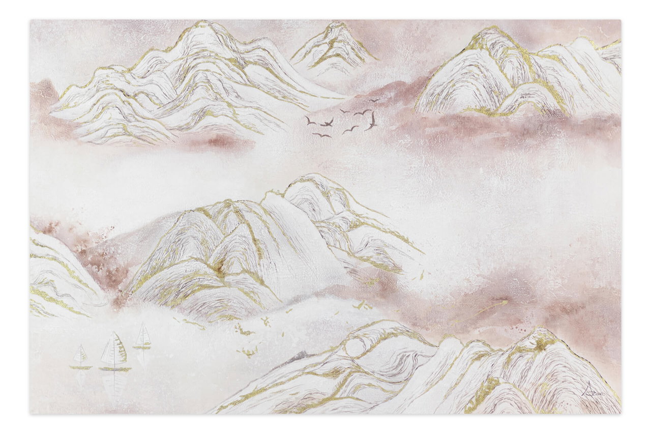 XXL Olieverf schilderijen 'Mountains at Dawn' | Handgeschilderd unicum komt in de ruimte goed tot zijn recht.
