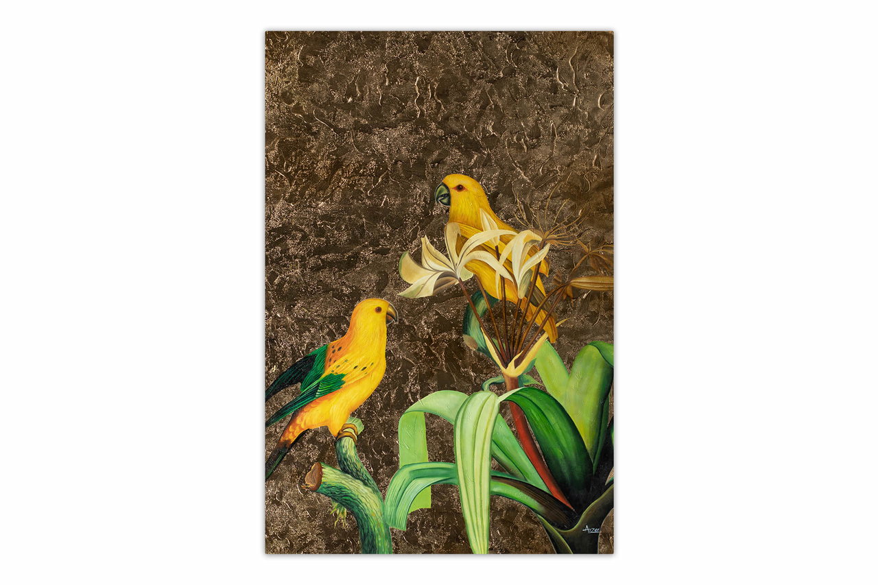 Olieverf schilderijen 'Tropical Parrots' | Handgeschilderd unicum 120x180cm komt in de ruimte goed tot zijn recht.